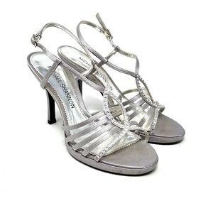 Rhinestone Bling Strappy Womens Jordy Sandal Gray Satin 7 M Prom Party Going Out